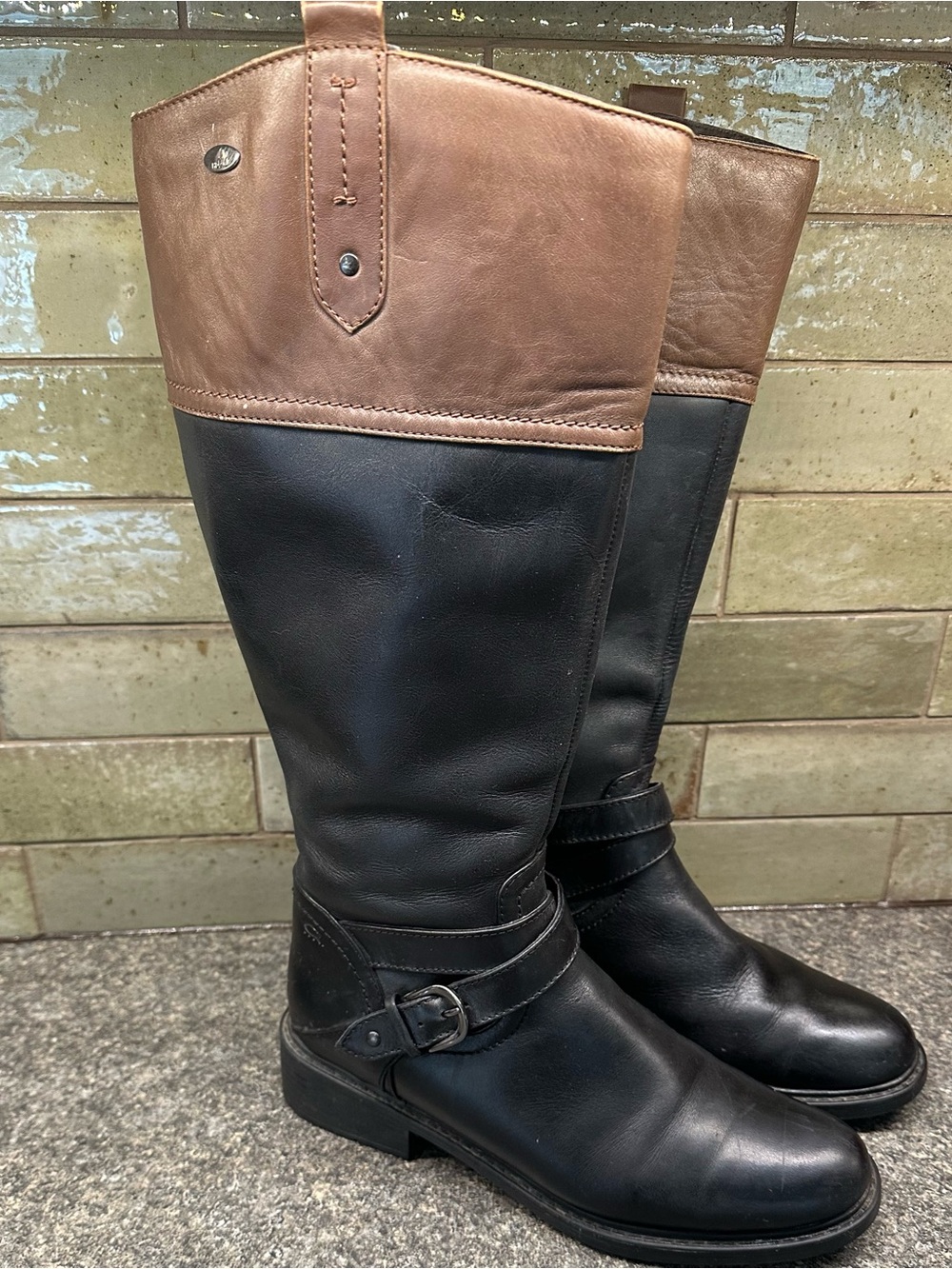 Two-Tone Black and Brown Leather Knee High Moto Riding Boots